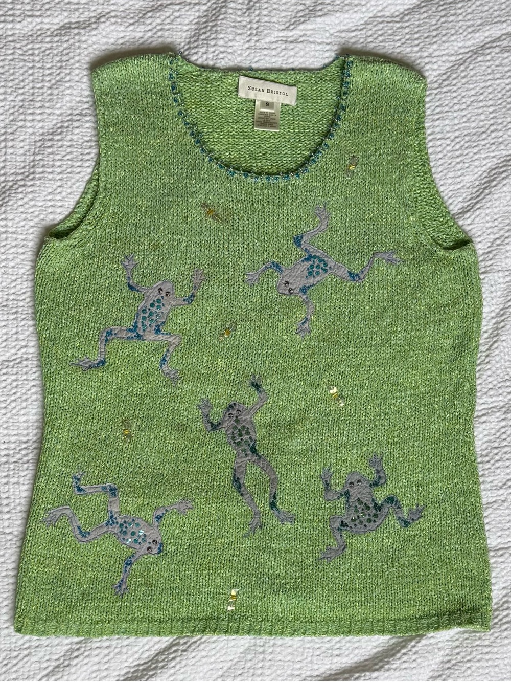 Susan Bristol Light Green Knit Tank with Frog Motif